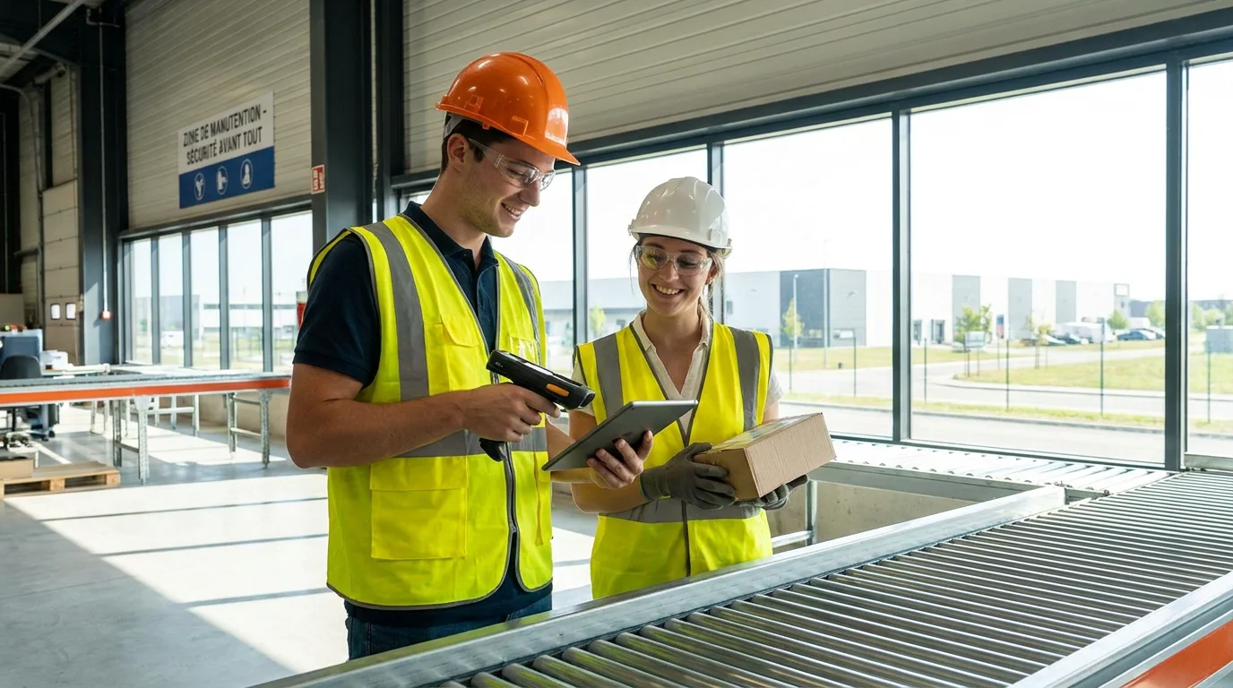 Jeune intérimaire en équipement de sécurité travaillant dans un entrepôt logistique en France