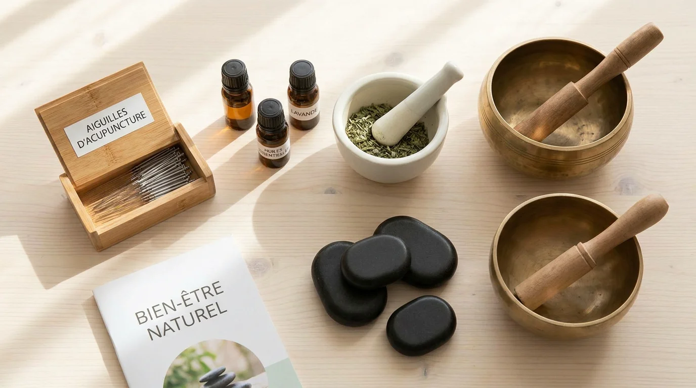 Vue en plongée d'accessoires de médecines alternatives : aiguilles d'acupuncture, huiles essentielles et pierres de massage