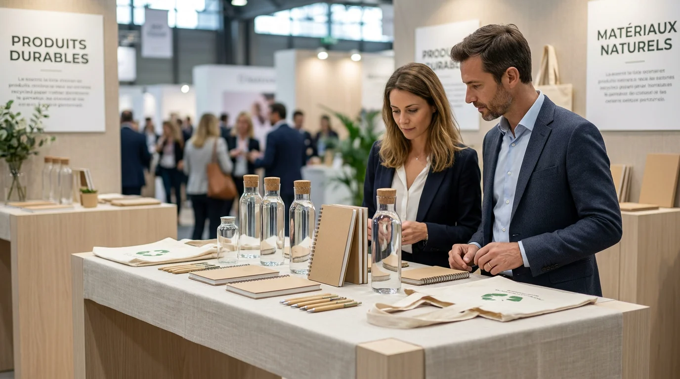 Objets promotionnels éco-responsables présentés sur un stand de salon professionnel en France
