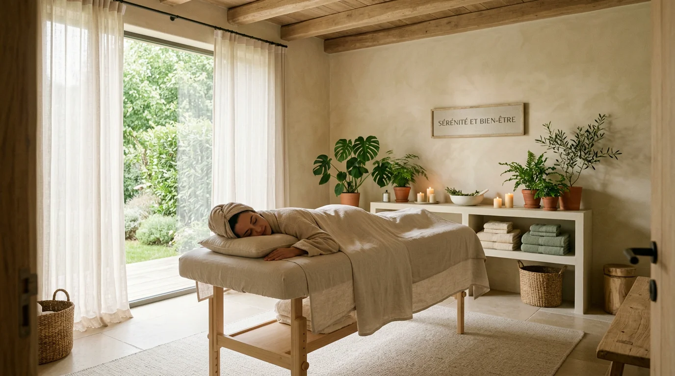 Cabine de soin bien-être épurée et apaisante pour un massage relaxant