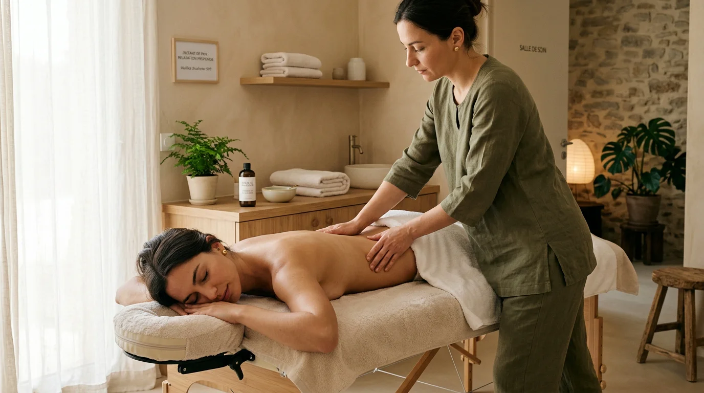 Séance de massage bien-être du dos dans une cabine à l'ambiance apaisante