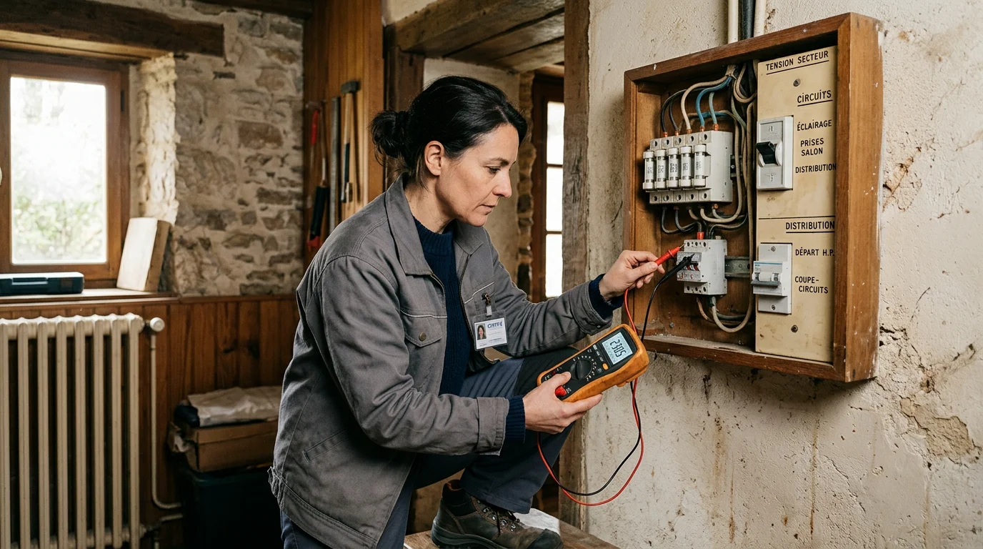 Diagnostiqueur immobilier contrôlant une installation électrique dans un logement