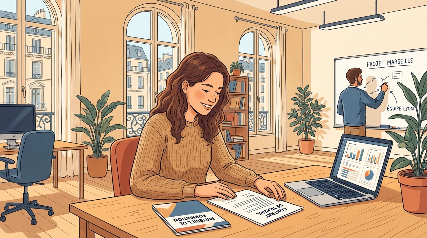 Jeune alternant consultant des offres d'alternance sur un ordinateur dans un bureau en France