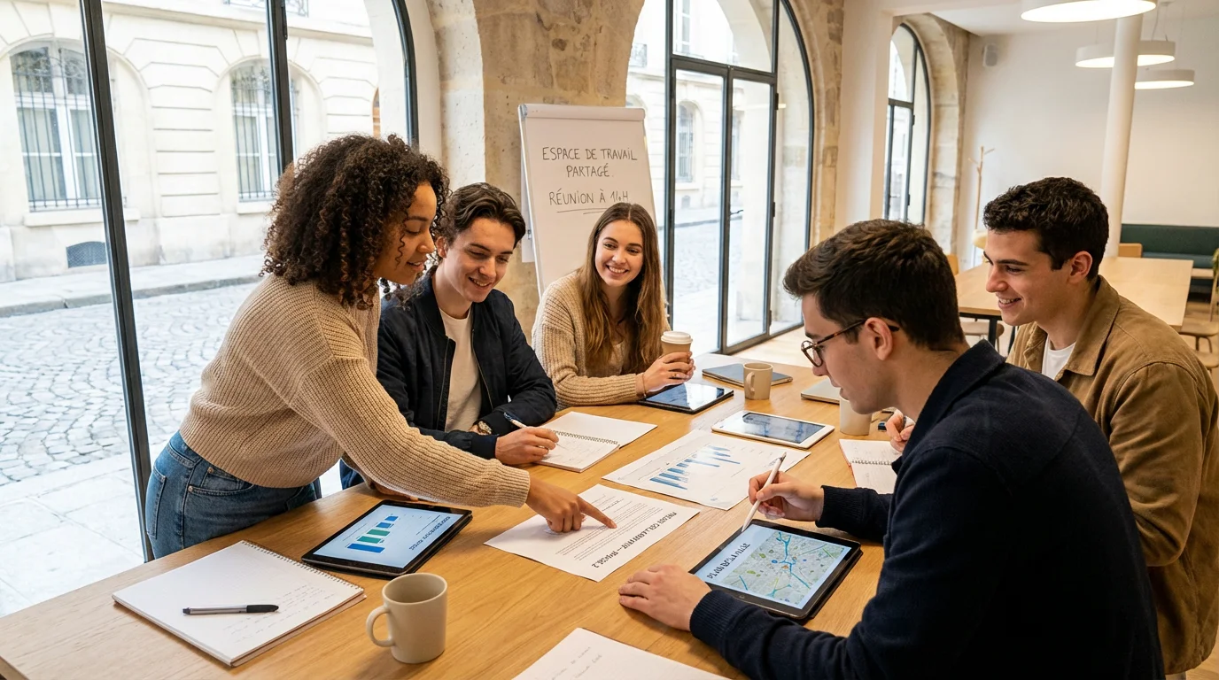 Groupe de jeunes alternants consultant des plateformes d'aide à l'alternance dans un espace de coworking en France