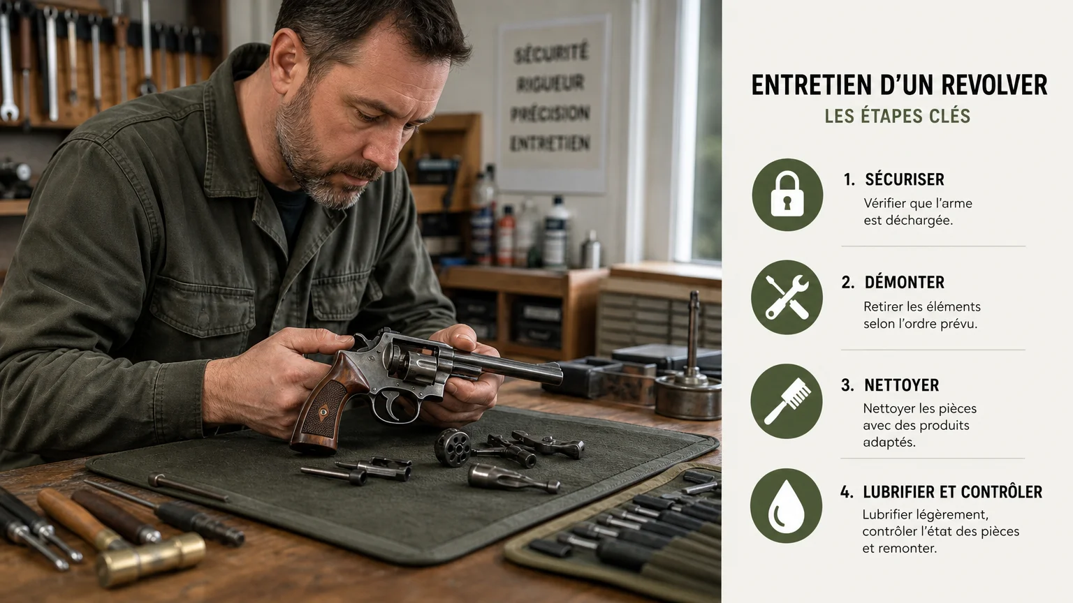 Inspection et entretien d’un revolver dans un atelier spécialisé