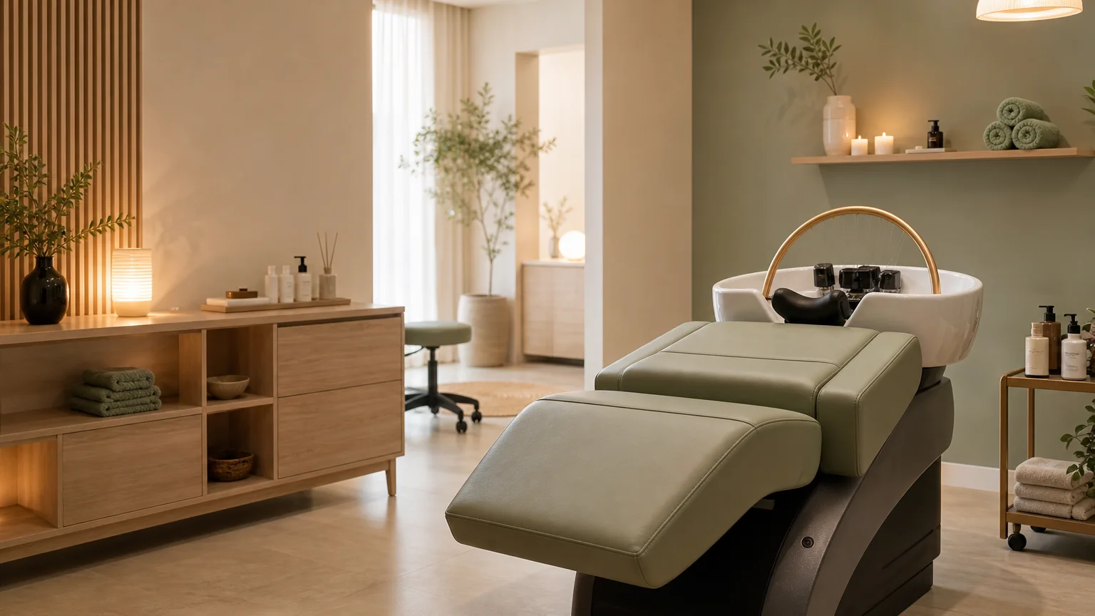Cabine professionnelle préparée pour une prestation Head Spa en institut
