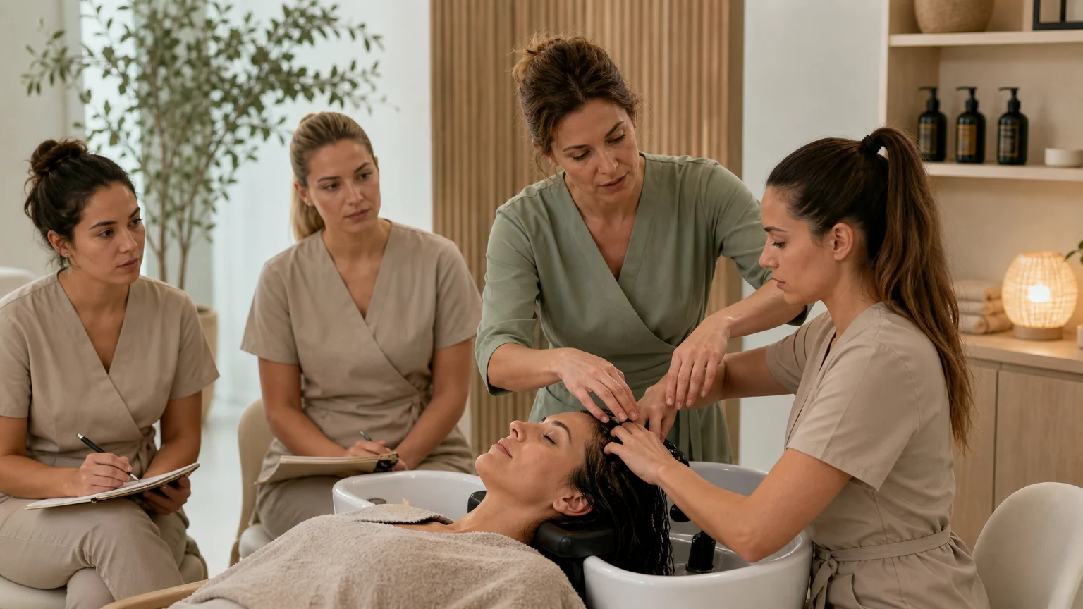 Formation Head Spa en institut avec pratique supervisée et correction des gestes