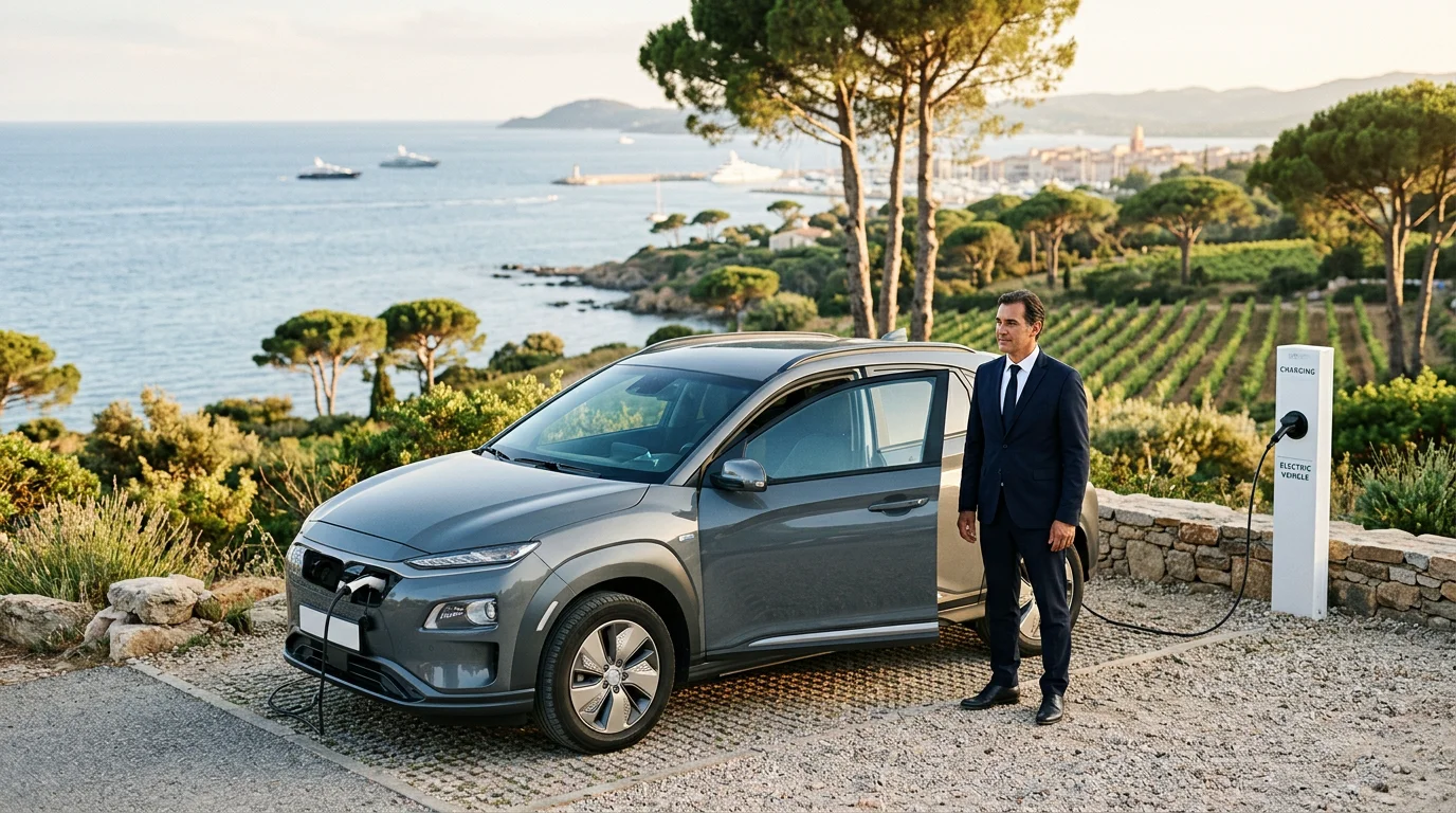 Grey electric SUV at a coastal charging point near Saint-Tropez with a chauffeur