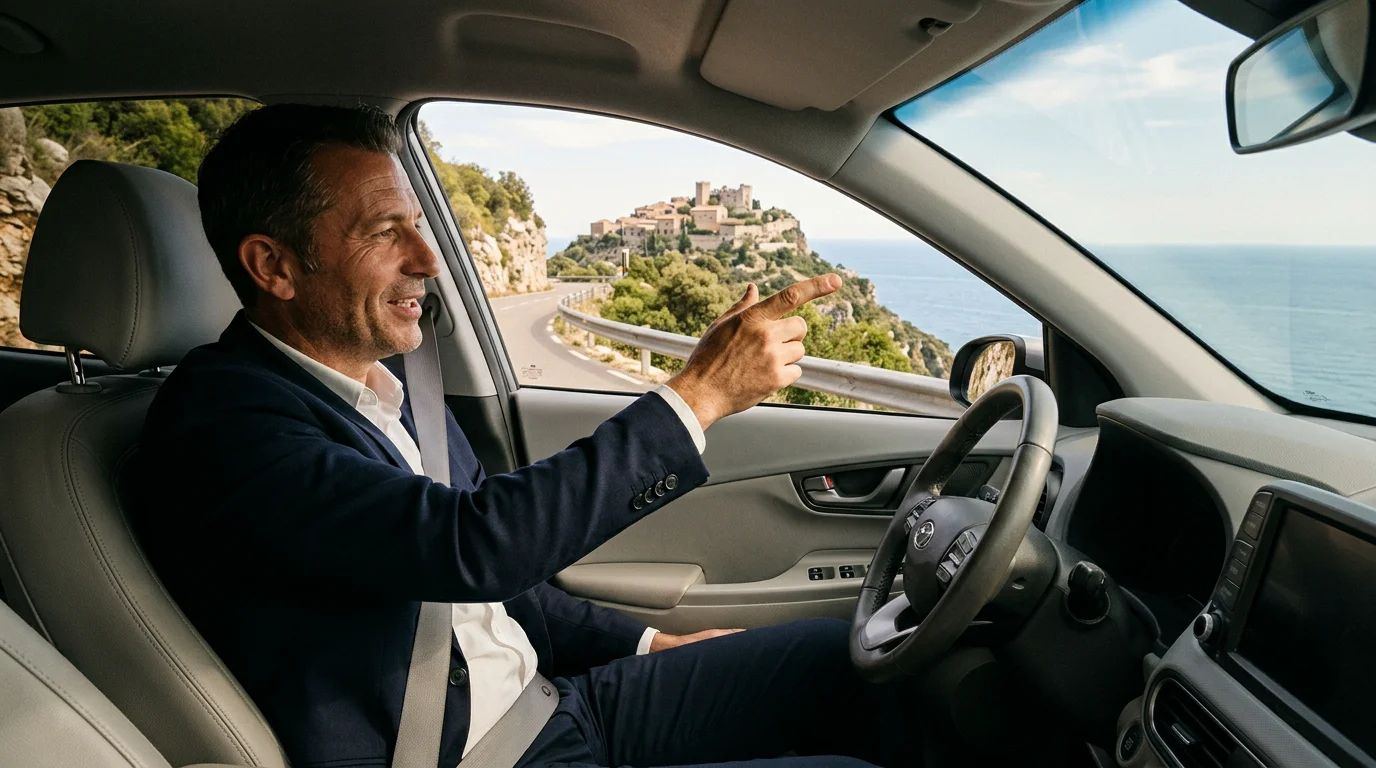 Chauffeur pointing out a historic Riviera village to a passenger during an electric transfer