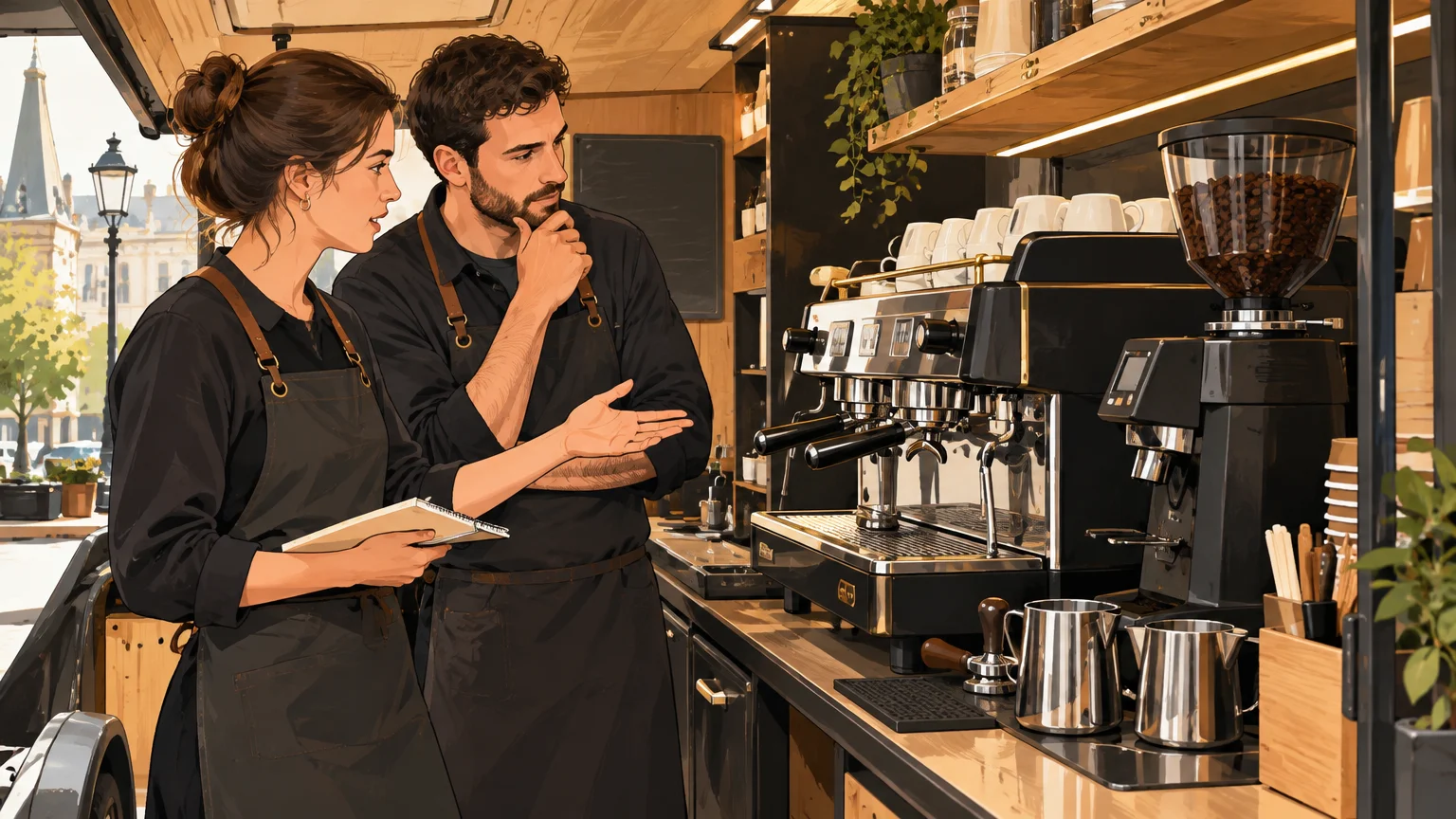 Échange de formation autour du poste espresso compact d’un coffee truck