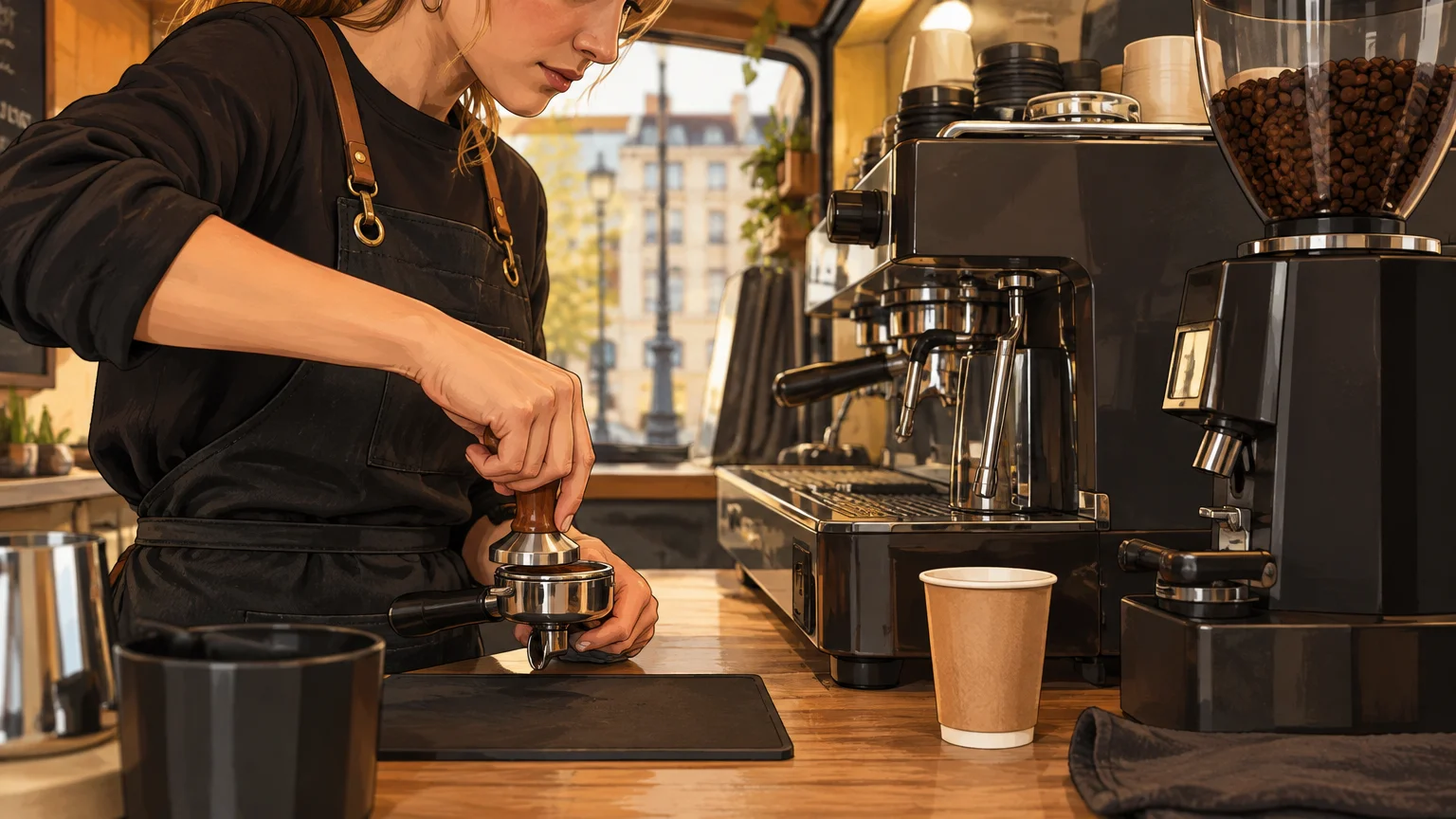 Préparation d’un espresso sur un poste de travail compact en coffee truck