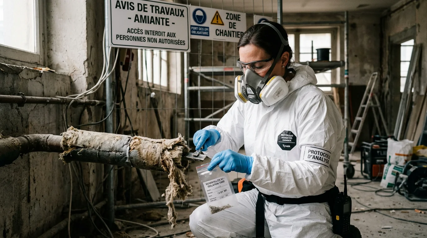 Opérateur certifié réalisant un prélèvement lors d'un repérage amiante sur un chantier