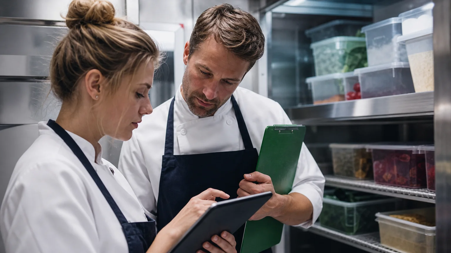 Professionnels réalisant un inventaire mobile dans une cuisine de restaurant