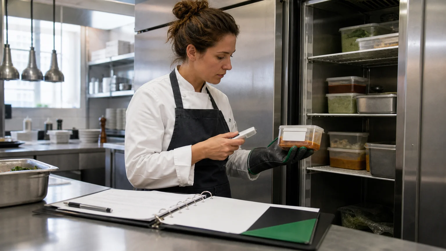 Cheffe vérifiant la température et la traçabilité des produits en cuisine