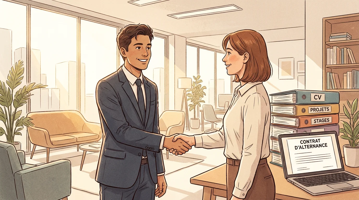 Étudiant serrant la main d'un recruteur lors d'un entretien de stage