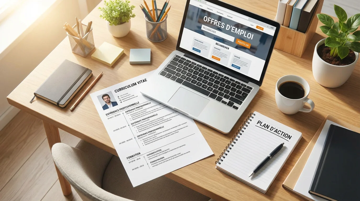 Bureau organisé avec CV et ordinateur pour préparer une candidature de stage