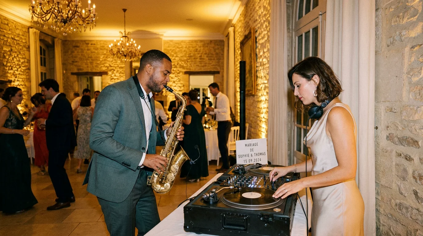 Saxophoniste et DJ en duo lors d'une soirée de mariage en France