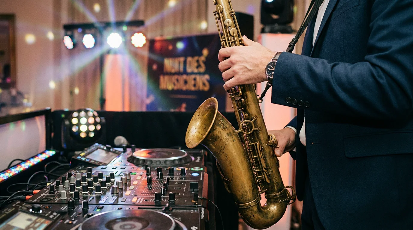 Gros plan sur un saxophone devant une console DJ lors d'un événement