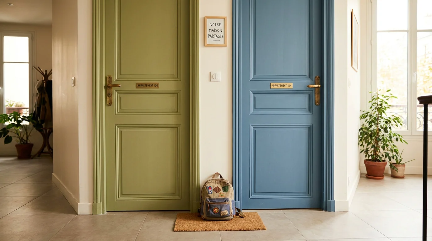Deux portes d'appartement symbolisant la résidence alternée d'un enfant entre ses deux parents