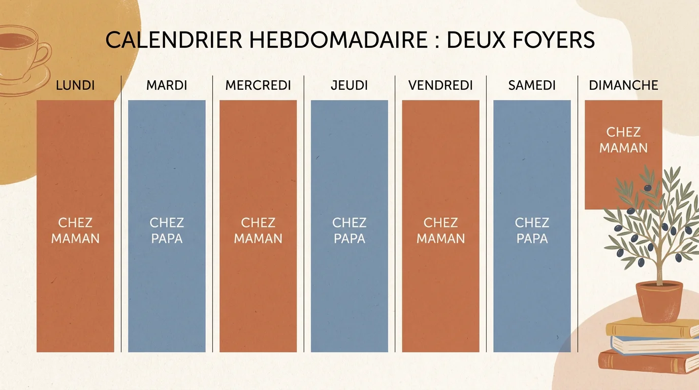 Calendrier illustrant le rythme d'alternance hebdomadaire en résidence alternée