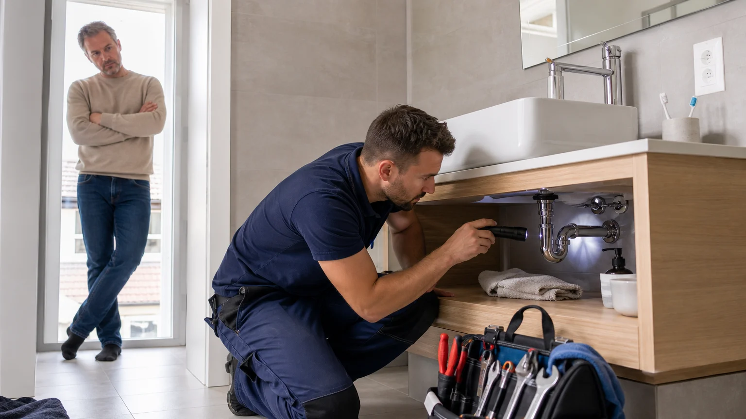 Professionnel sanitaire vérifiant une fuite sous un lavabo à Lausanne