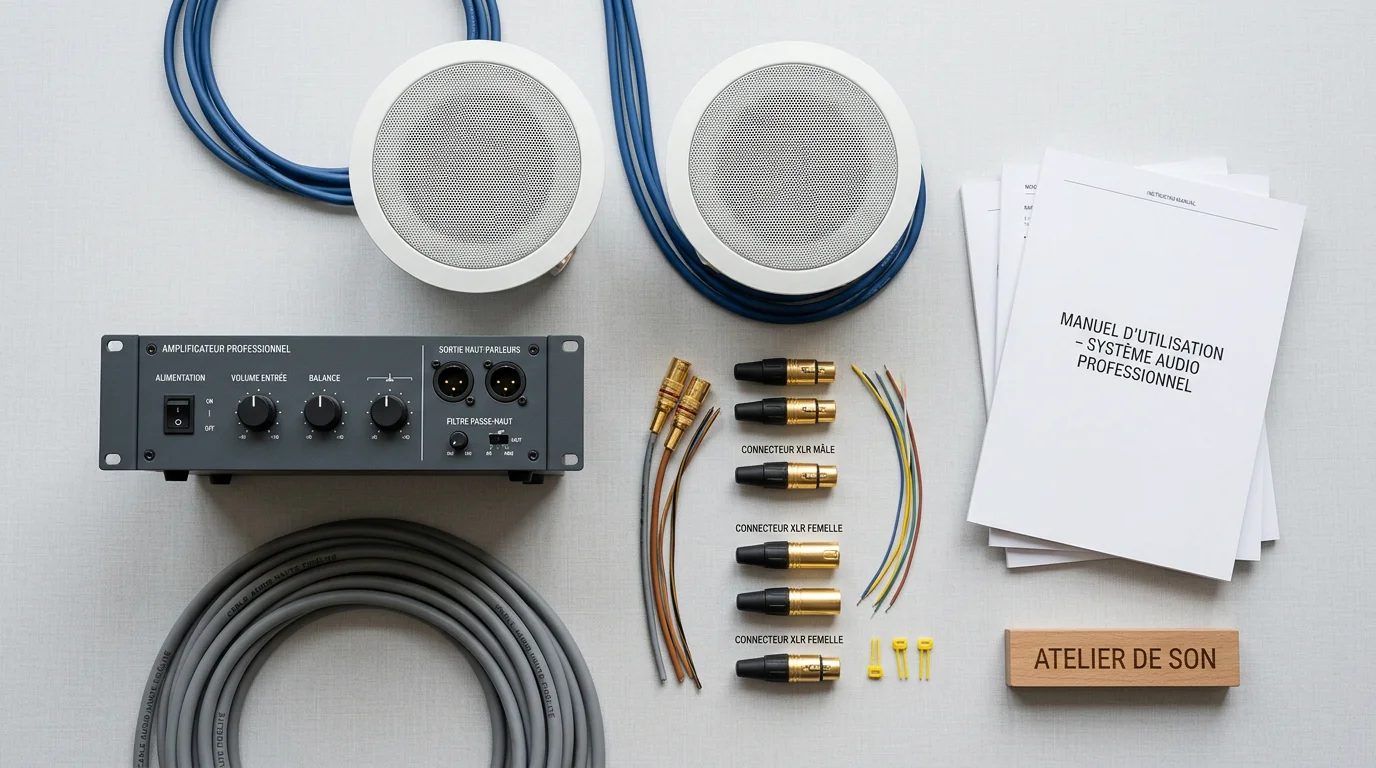 Matériel de sonorisation professionnelle disposé pour comparaison avant installation