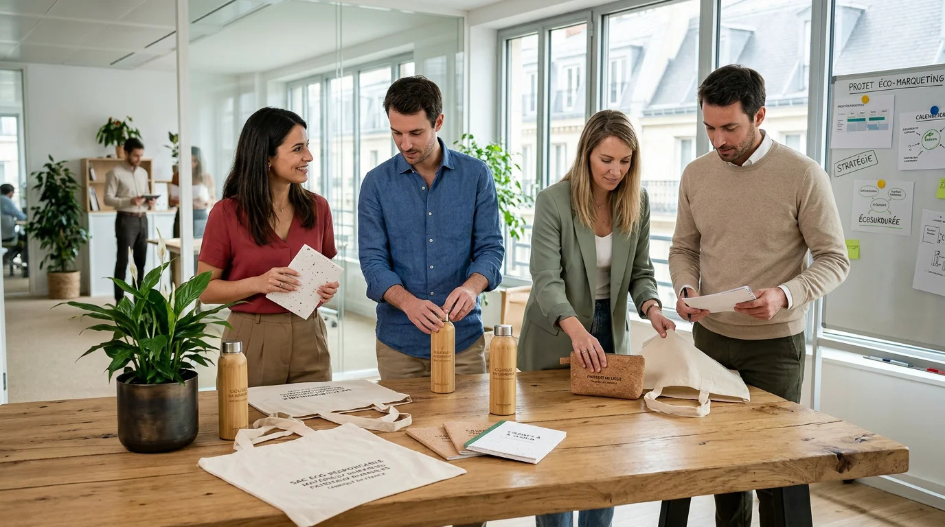 Équipe marketing préparant des objets publicitaires éco-responsables en bois et matières recyclées