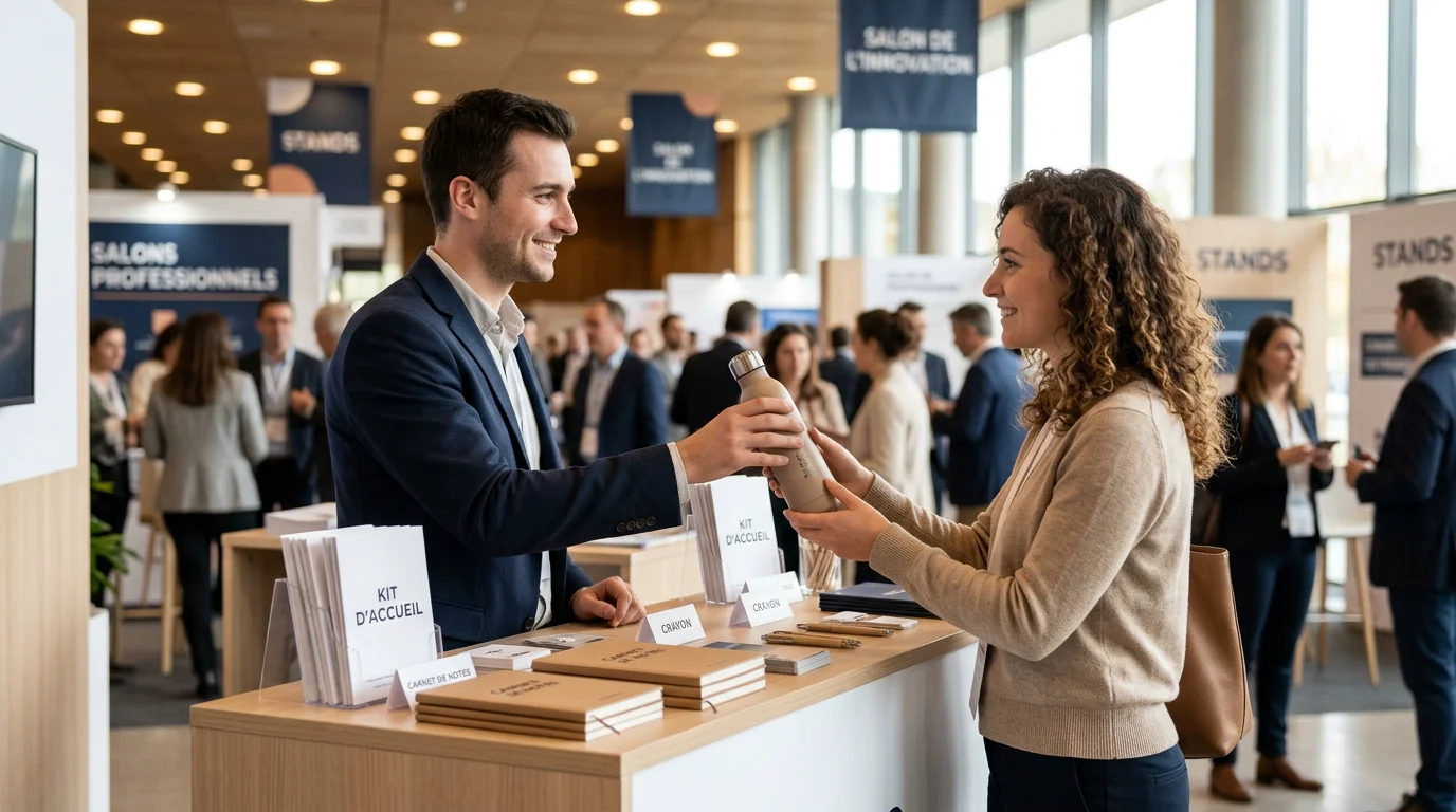 Distribution d'objets publicitaires personnalisés sur un stand de salon professionnel