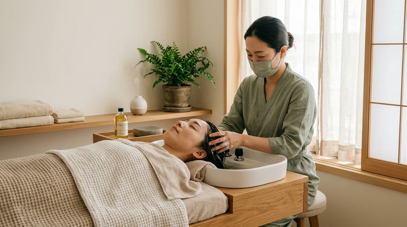 Praticienne réalisant un massage du cuir chevelu lors d'un soin Head Spa