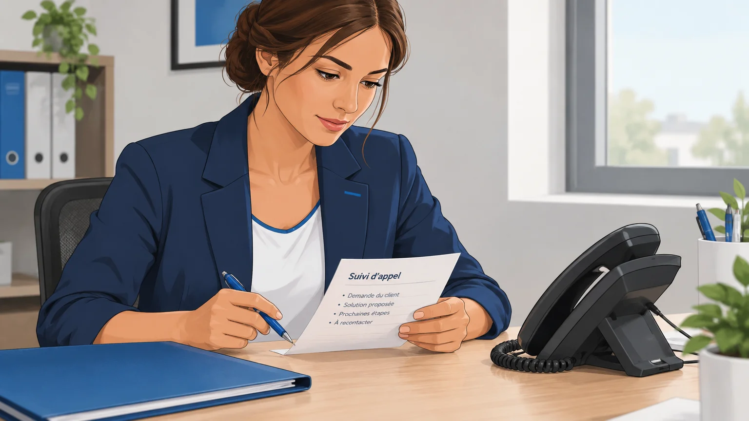 Conseillère de service client relisant les notes de suivi d’un appel