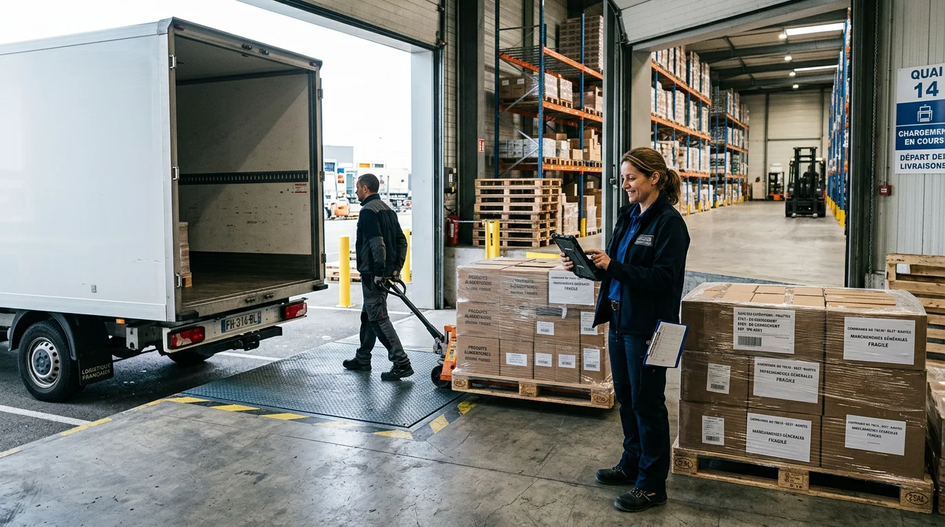 Responsable logistique européenne supervisant le chargement d'un camion de livraison dans un entrepôt