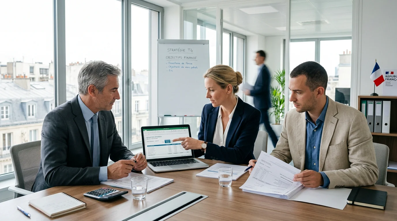 Trois professionnels de la finance européens analysant des factures fournisseurs en réunion