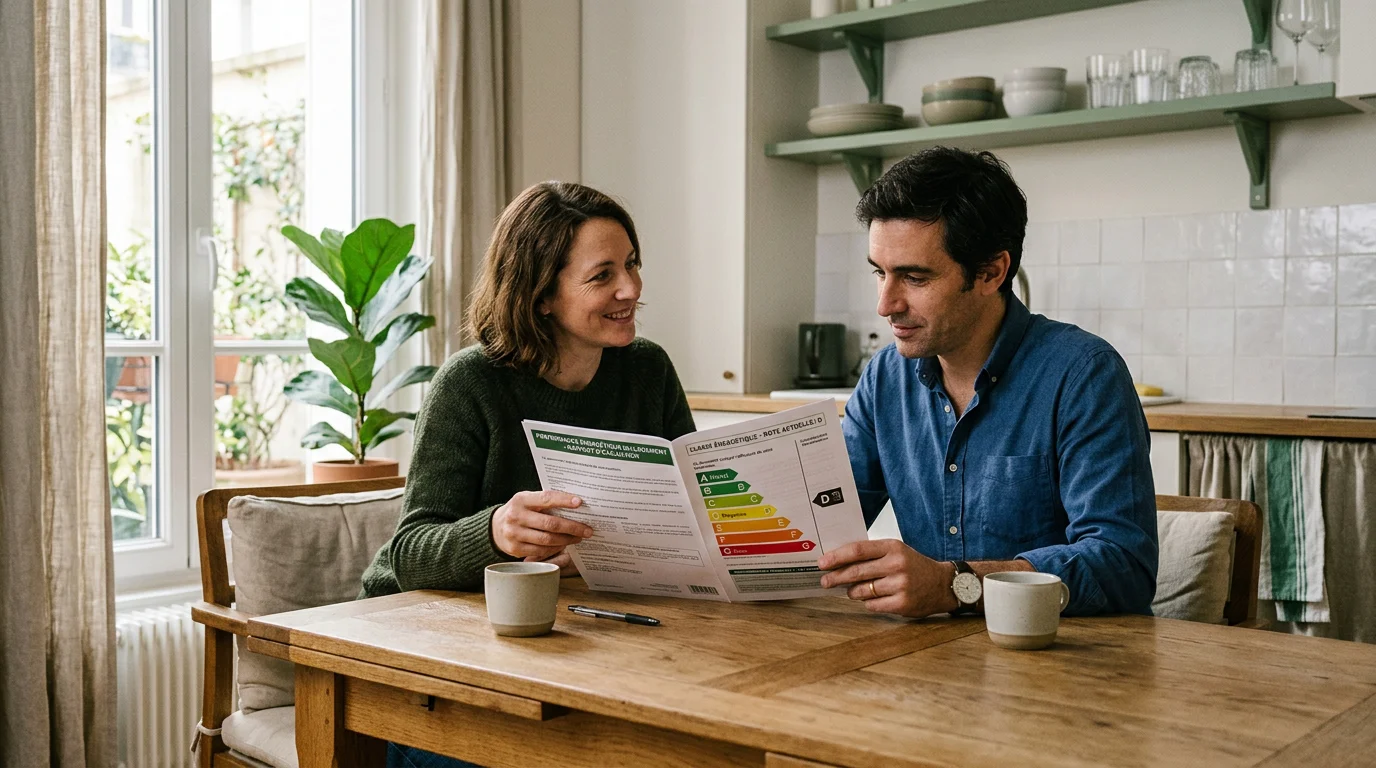 Couple examinant une étiquette énergie avant une transaction immobilière
