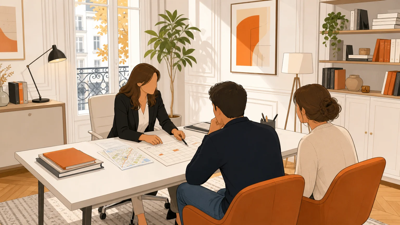 Illustration d’un échange entre un avocat et deux parents autour d’un calendrier de résidence