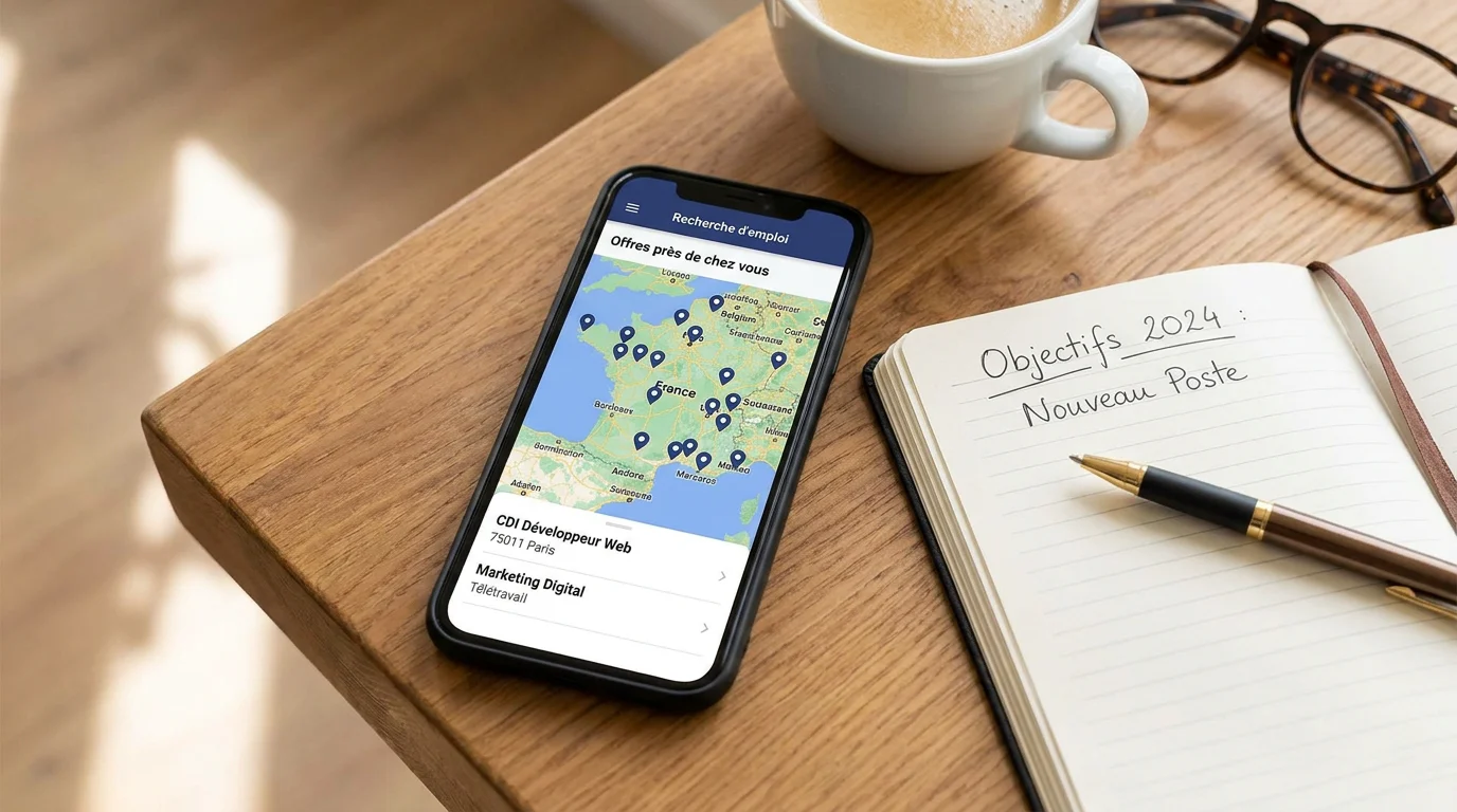 Écran de smartphone affichant une recherche géolocalisée de stages en France