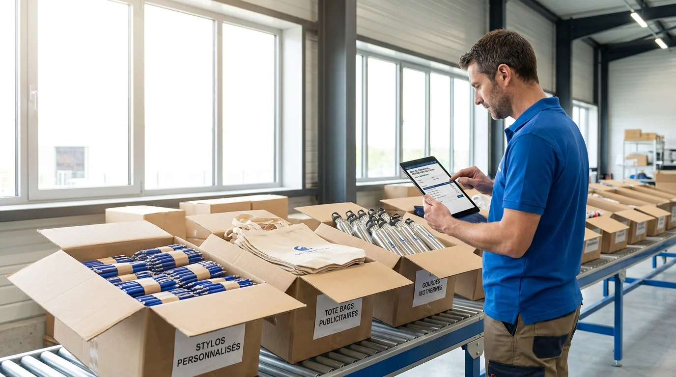Préparation de commande express d'objets publicitaires dans un entrepôt logistique en France