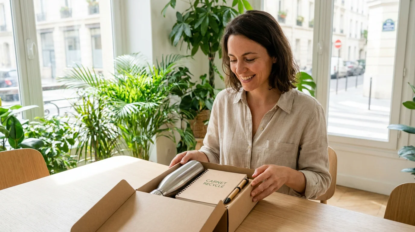 Femme déballant un coffret de goodies éco-responsables personnalisés dans un bureau moderne