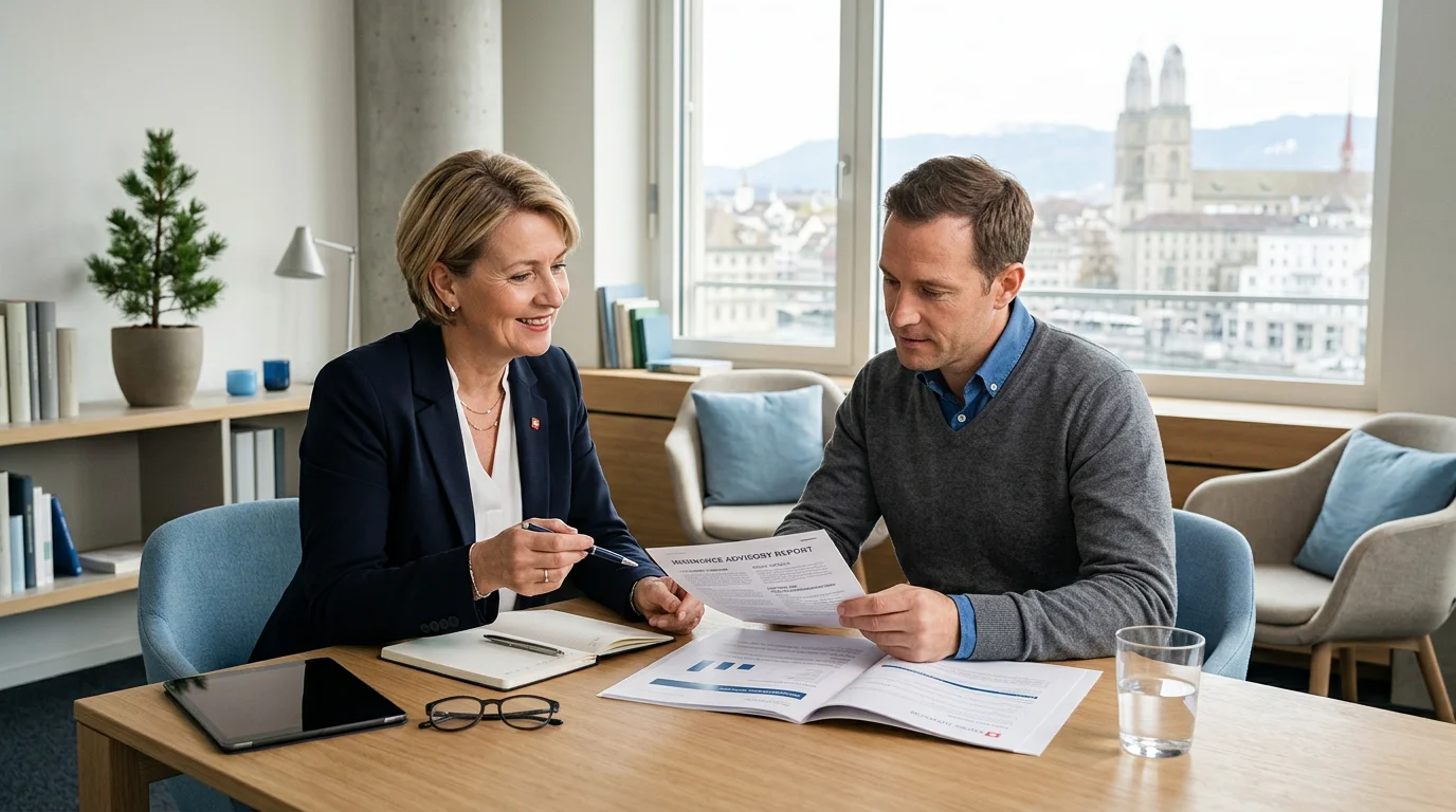 Independent insurance advisor reviewing policy documents with a client in a Swiss office