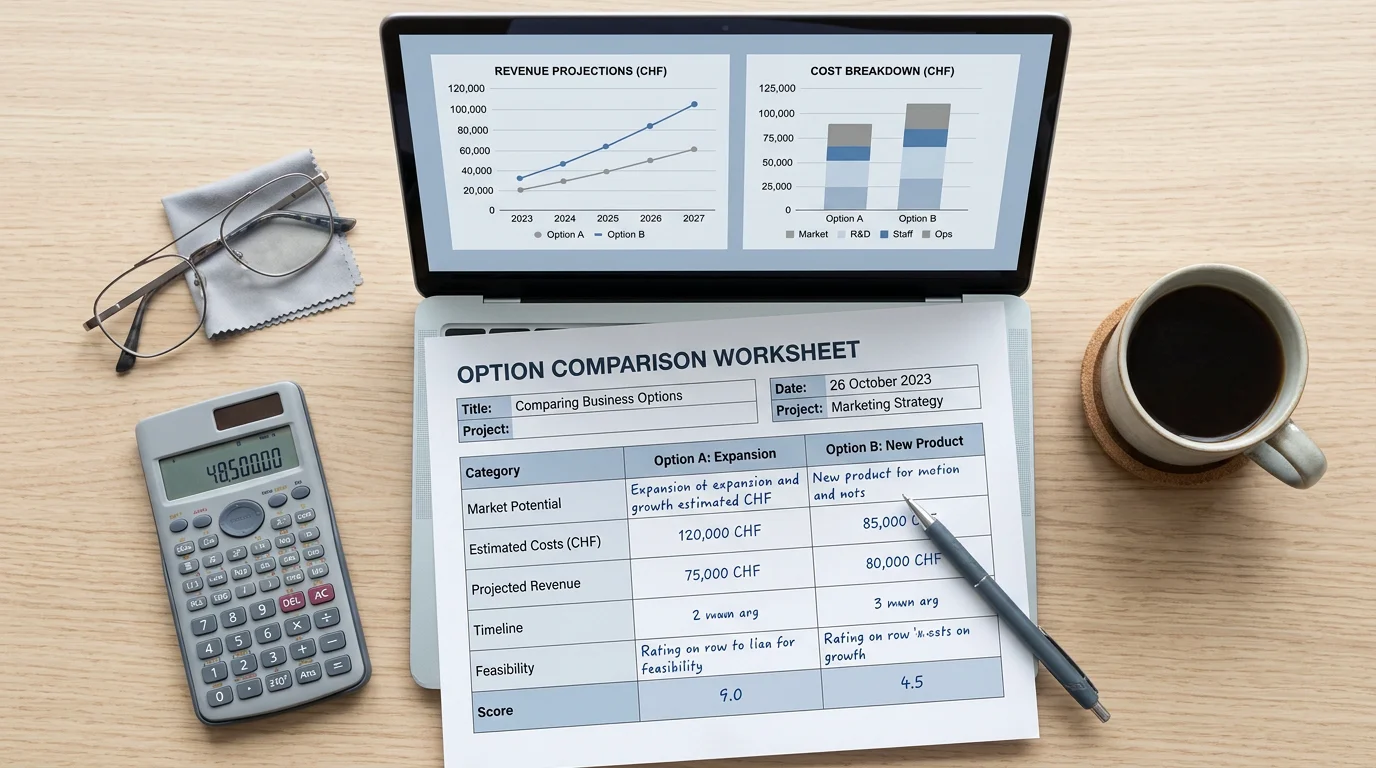 Desk with comparison worksheet and laptop used during a Swiss insurance review
