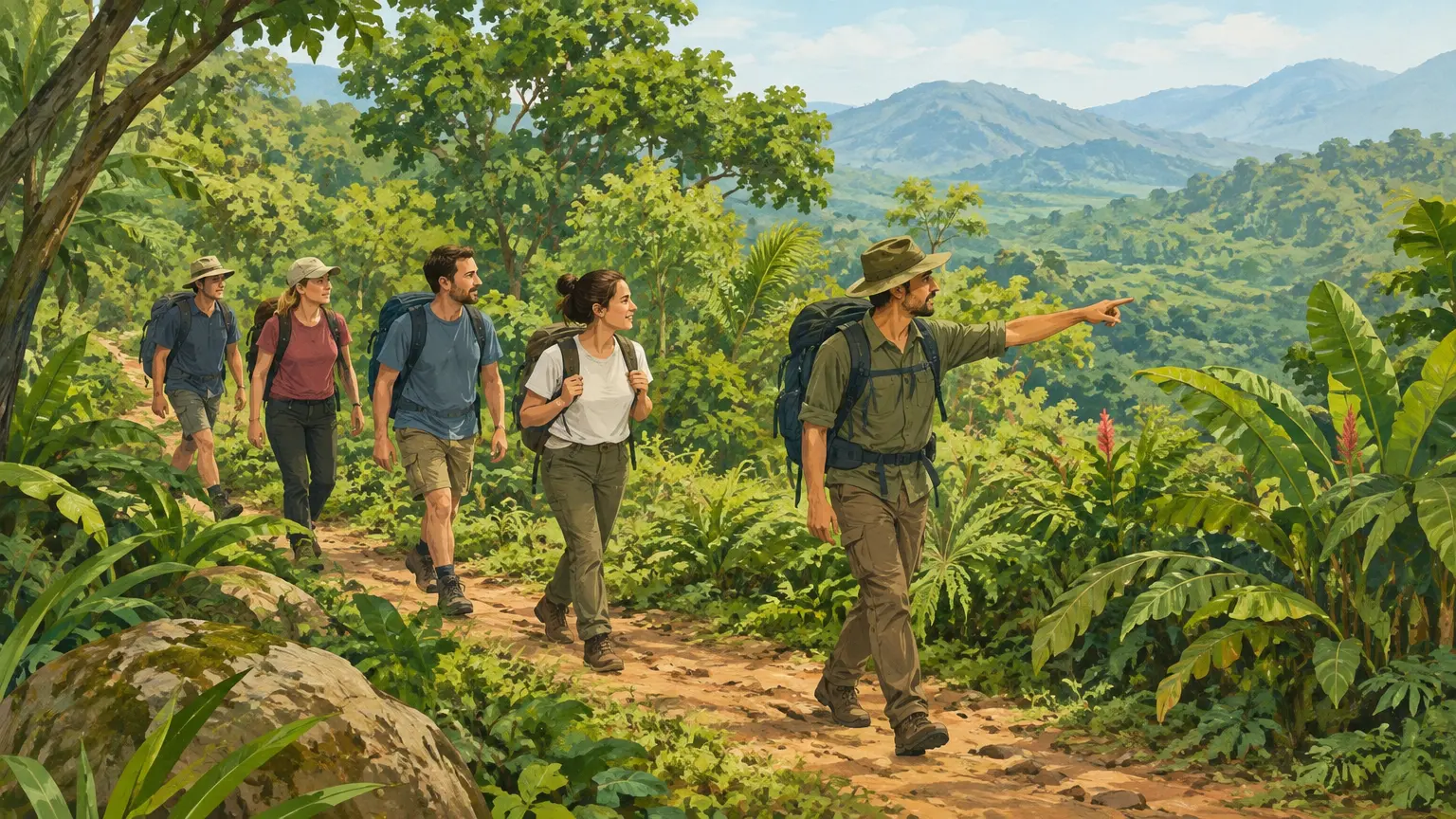 Petit groupe de voyageurs accompagné sur un sentier tropical