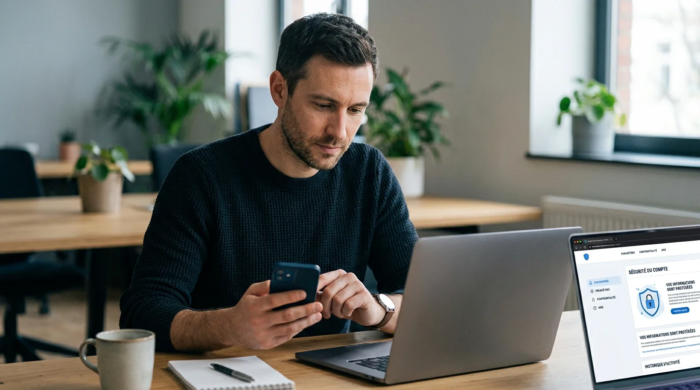 Personne vérifiant la sécurité d'un casino en ligne sur ordinateur et mobile