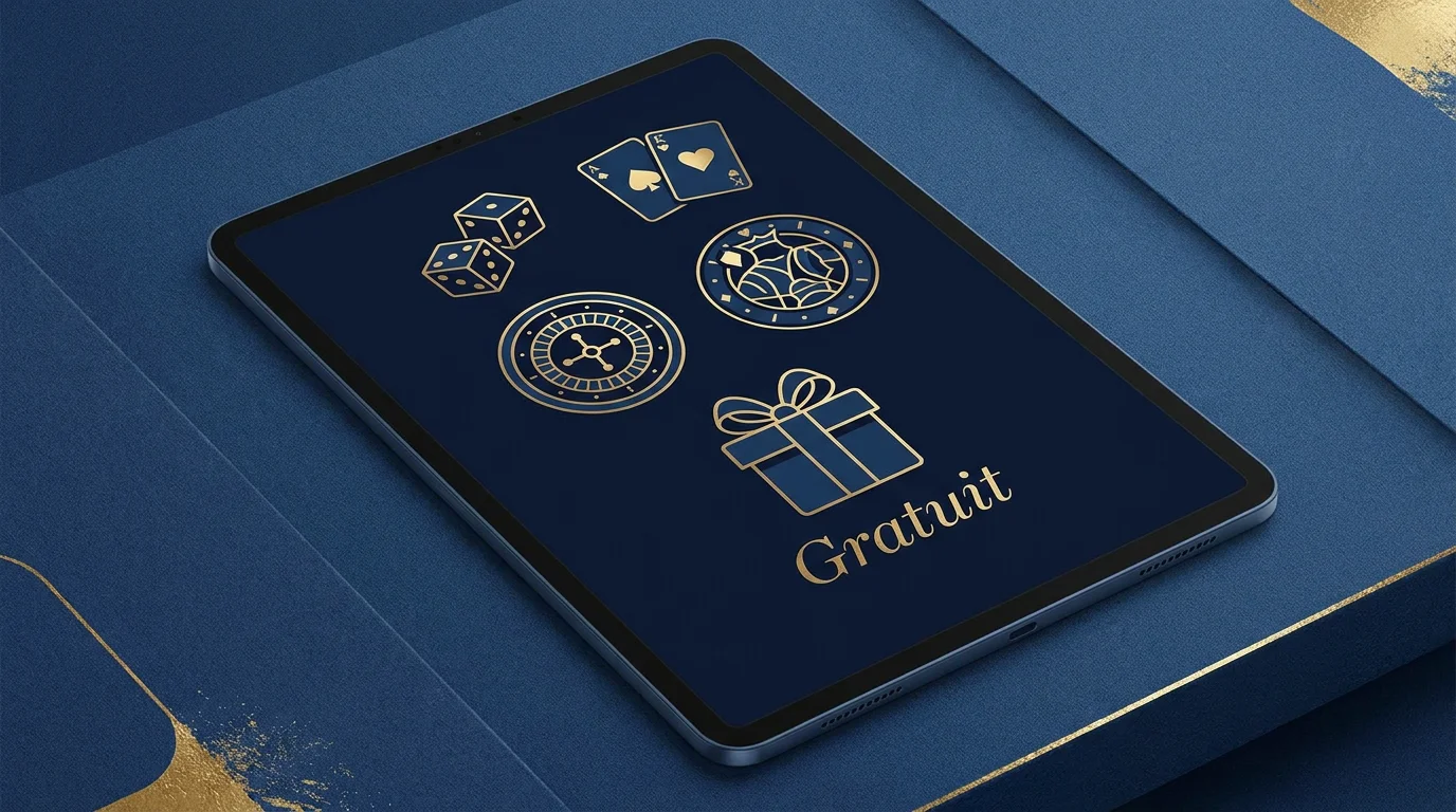 Illustration d'un bonus sans dépôt sur un écran de tablette avec des icônes de jeux de casino