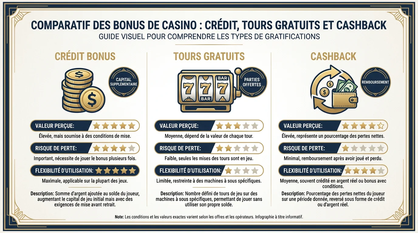 Infographie comparant les trois types de bonus sans dépôt : crédit, free spins et cashback