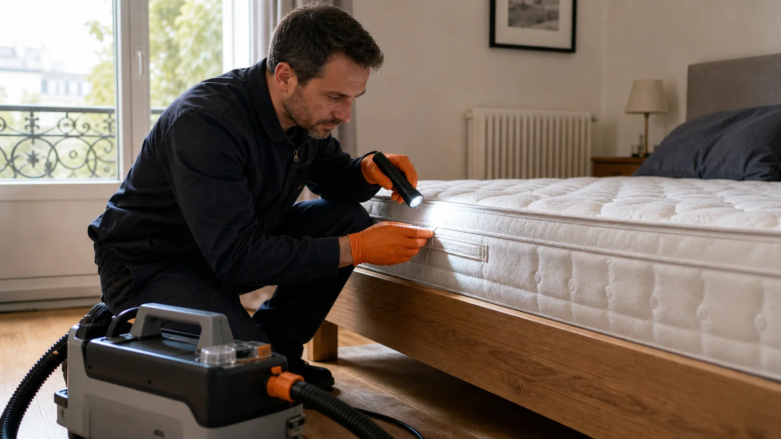 Technicien inspectant les coutures d’un matelas avant un traitement contre les punaises de lit