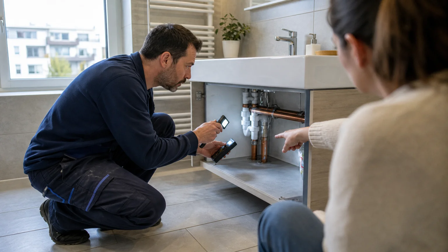 Diagnostic professionnel d’une fuite sous un lavabo dans un immeuble à Pully