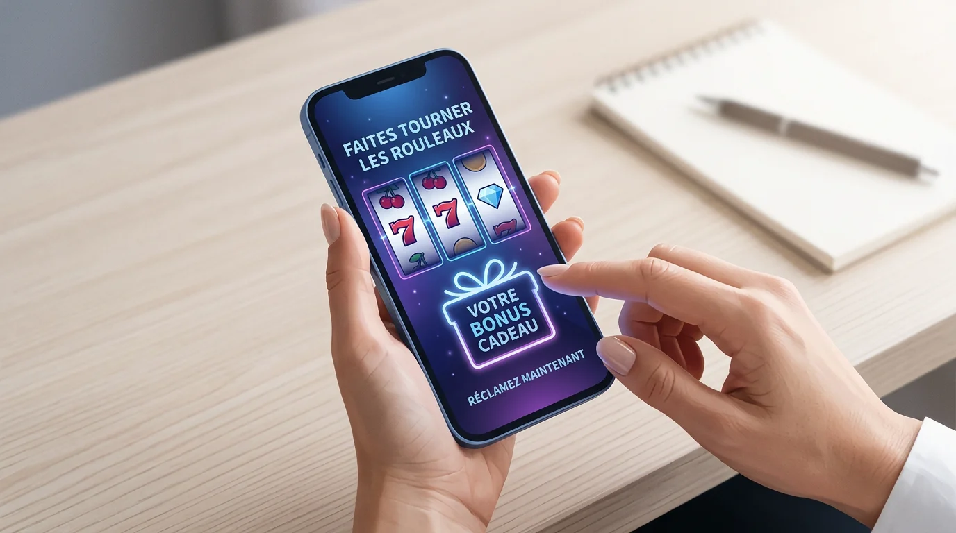 Main tenant un smartphone affichant une interface de casino en ligne avec un bonus