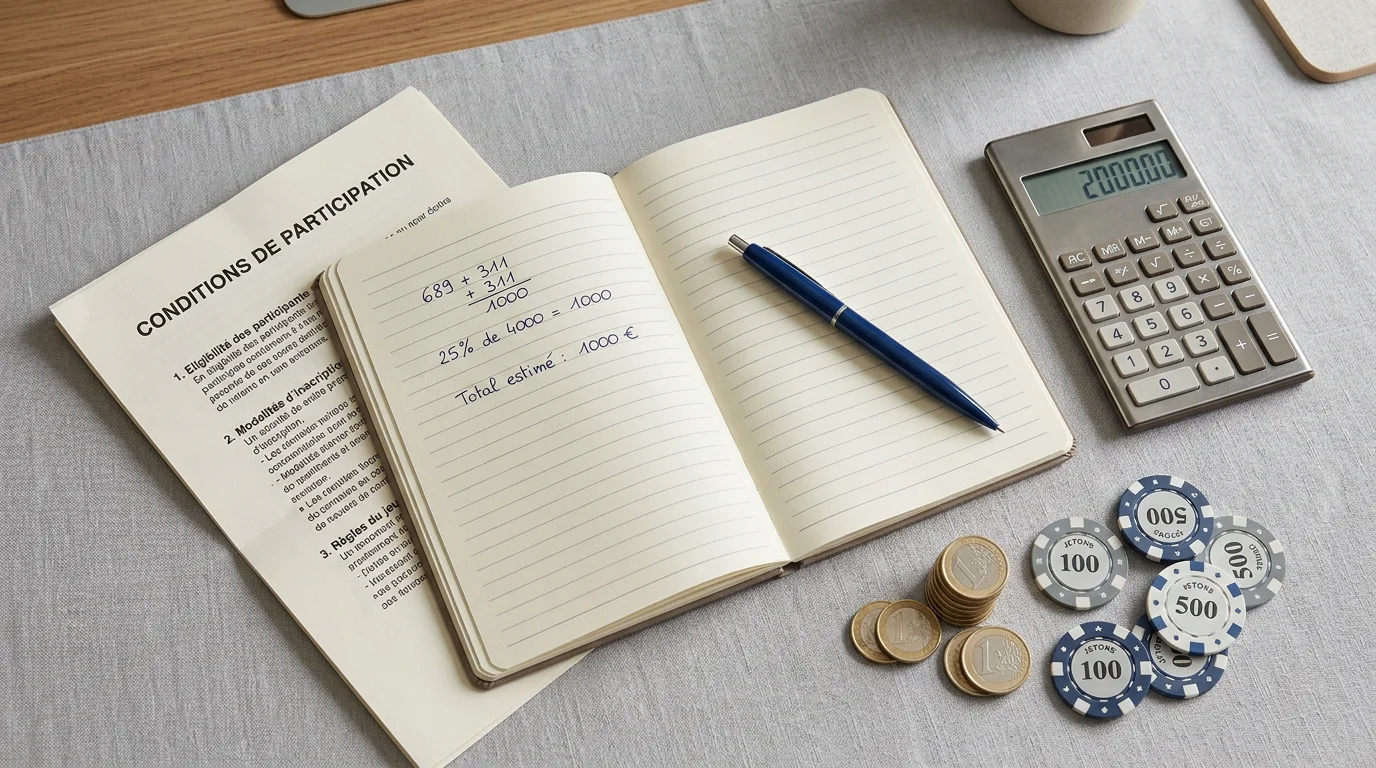 Bureau avec calculatrice, jetons et document sur les conditions de mise