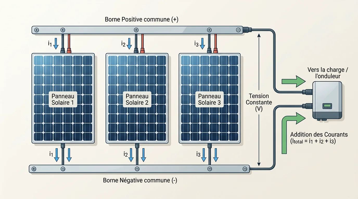 Schéma d'un branchement de panneaux solaires en parallèle avec bornes positives et négatives reliées