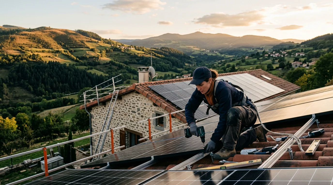 Technicien installant des panneaux solaires sur une maison en Auvergne-Rhône-Alpes