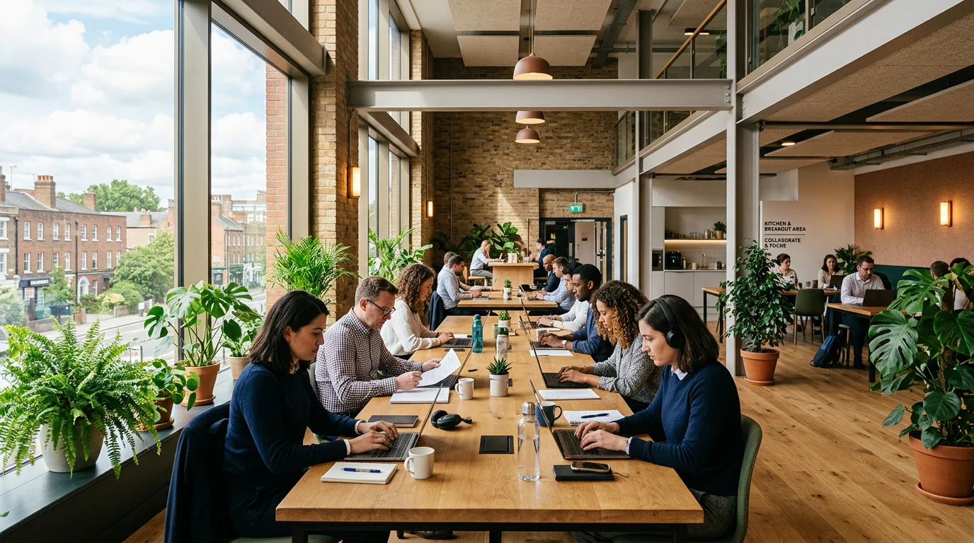 Professionals working at shared desks in a bright open-plan coworking space